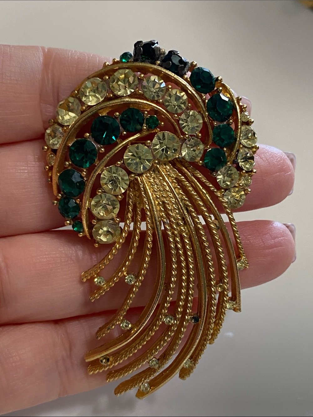 Gold-Tone Emerald & Lemon Crystal Fan Fringe Brooch
